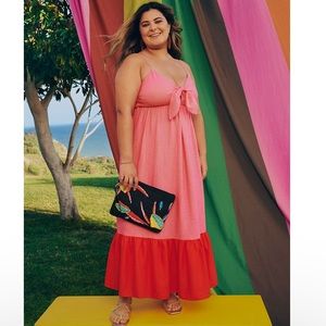 Tabitha Brown Small Sleeveless Tie-Front Tiered Midi Dress Pink/Red Pockets